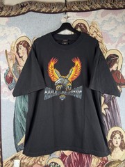 Vtg Harley Davidson Flame Chrome Eagle T Shirt Men’s 2X Y2k Faded Black Biker Wa