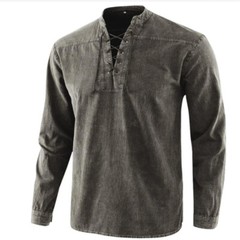 Men Fashion Casual Shirt Retro Pure Color Stand-Up Long Sleeve Collar Top