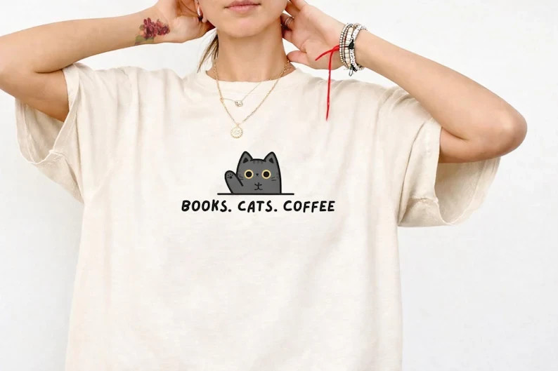 Books Cats Coffee T-shirt Cat Peeking Graphic Tee
