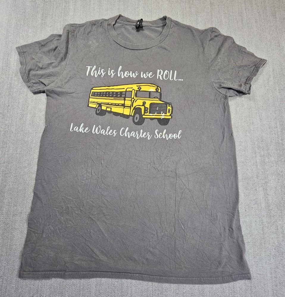 Anvil Lightweight Mens T-shirt Gray Bus Design Size Medium