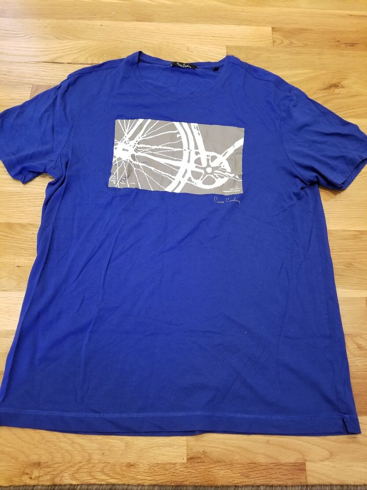 PIERRE CARDIN Sz LARGE MEN SHORT SLEEVE; BLUE BIKE GRAPHIC