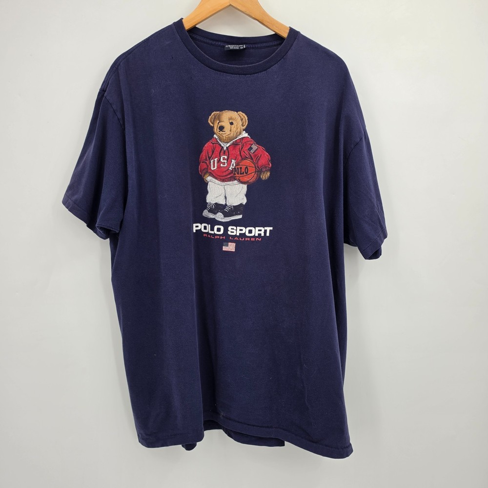 Vintage 90s Polo Sport Ralph Lauren Men’s T-Shirt Size Large Navy Blue Bear USA