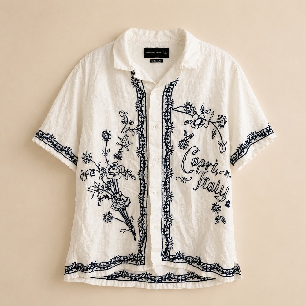 Abercrombie & Fitch Capri Italy Embroidered Linen Blend Shirt Small White Blue
