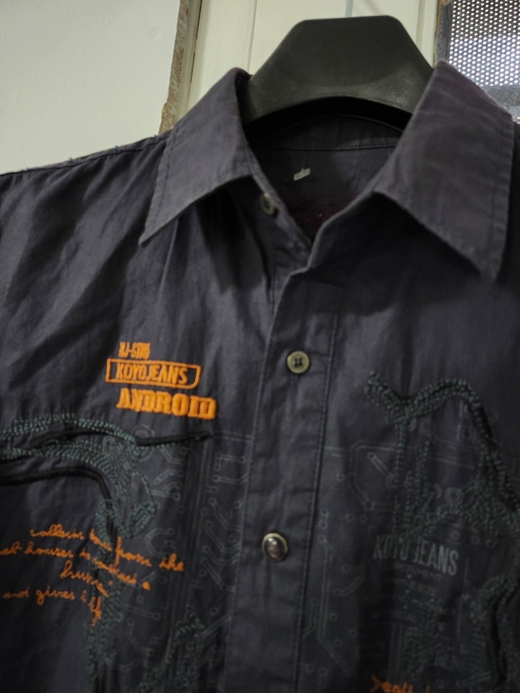 KOYO JEANS Shirt Mens L Navy Contrast Button Up Embroider Street Y2K Cotton Pkt