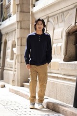 Mens Basic Style Heavyweight Solid Color Long Sleeve Henry Collar Casual T-shirt