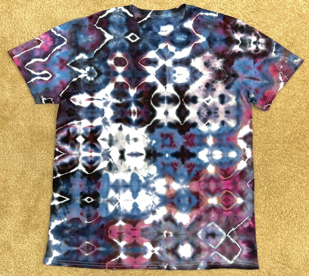 Handmade Ice Tie Dye T-Shirt Large Mens Womens Soft Cotton Blue Burgundy Glitch