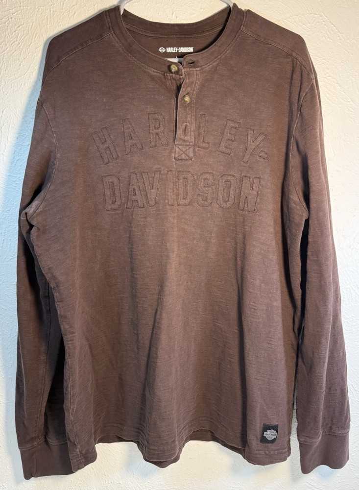 Harley Davidson Shirt Mens Long Sleeve Henley Size L **see Photo Small Hole**