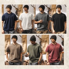 American retro T-shirt men new short-sleeved men summer Henry collar