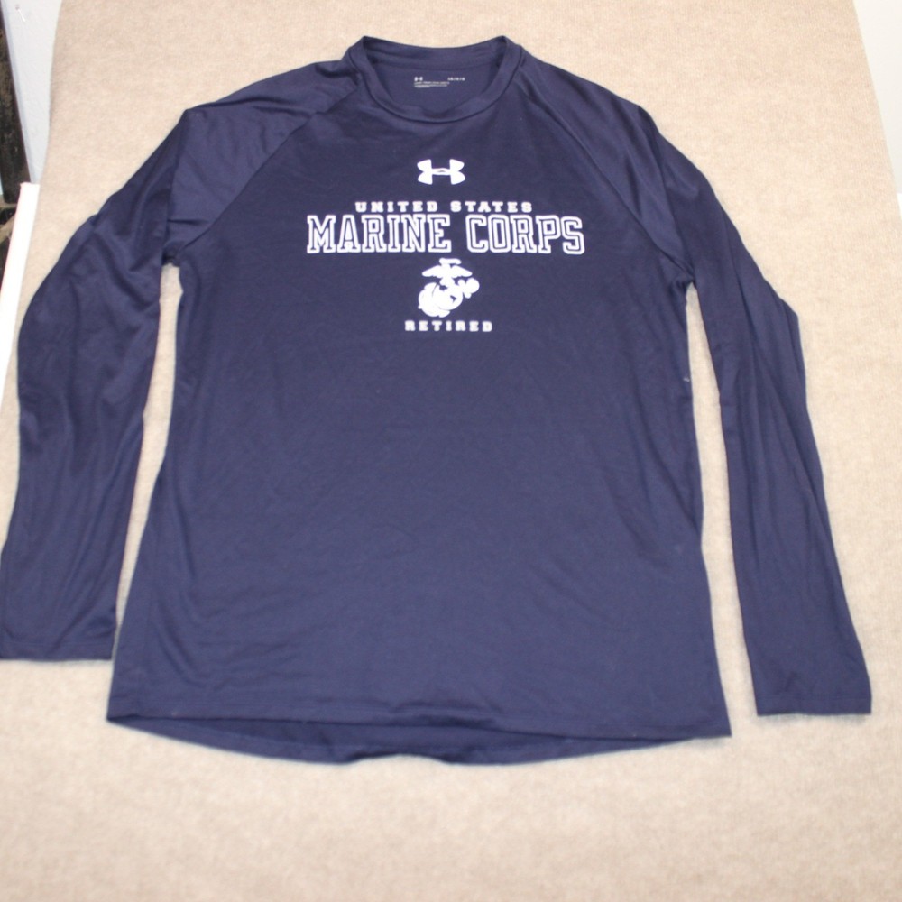 Under Armour US Marine Corps Retired Long Sleeve Shirt Navy Blue Mens Large USMC
