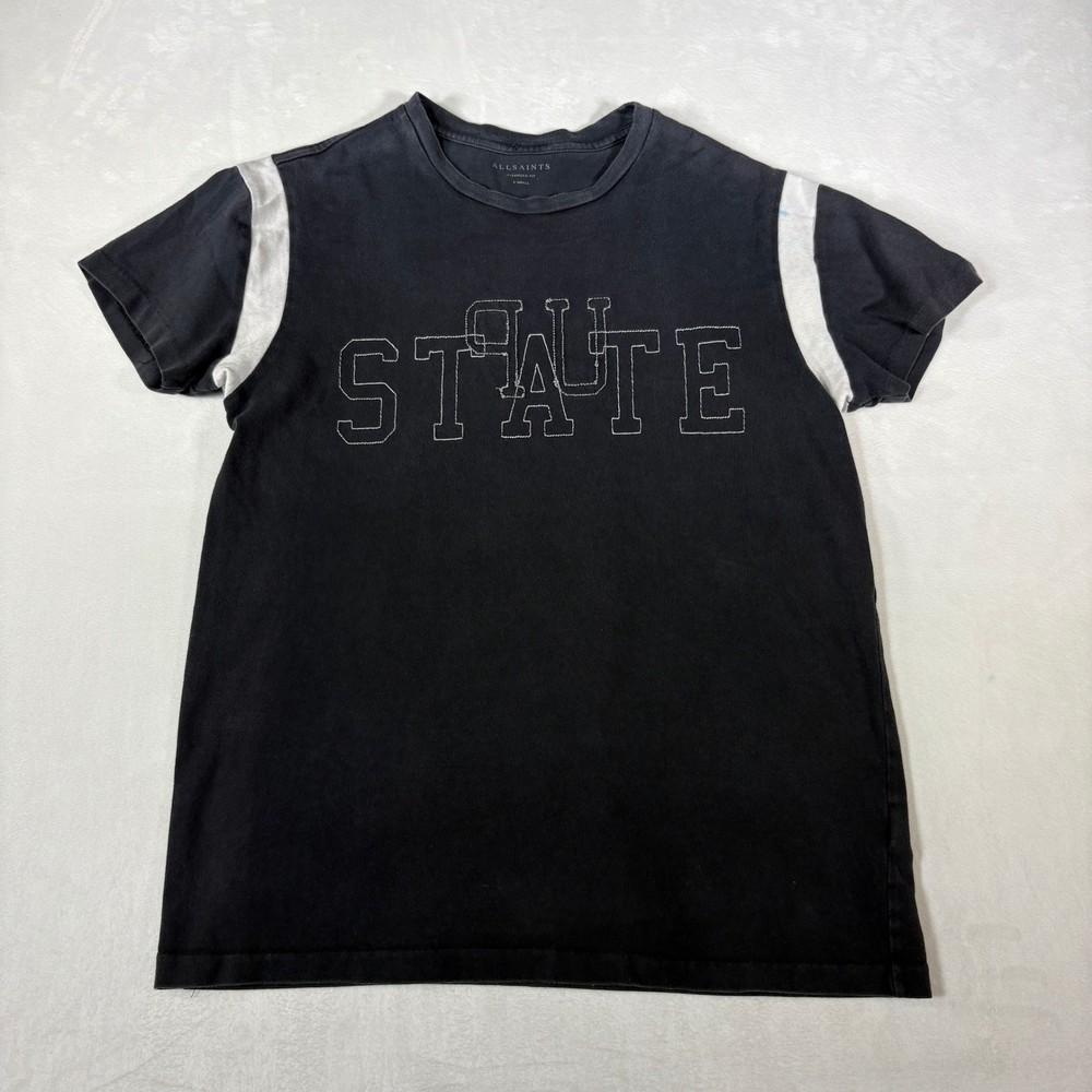 AllSaints Embroidered Graphic T-Shirt XS Oversized Black White Stitch Panel Tee