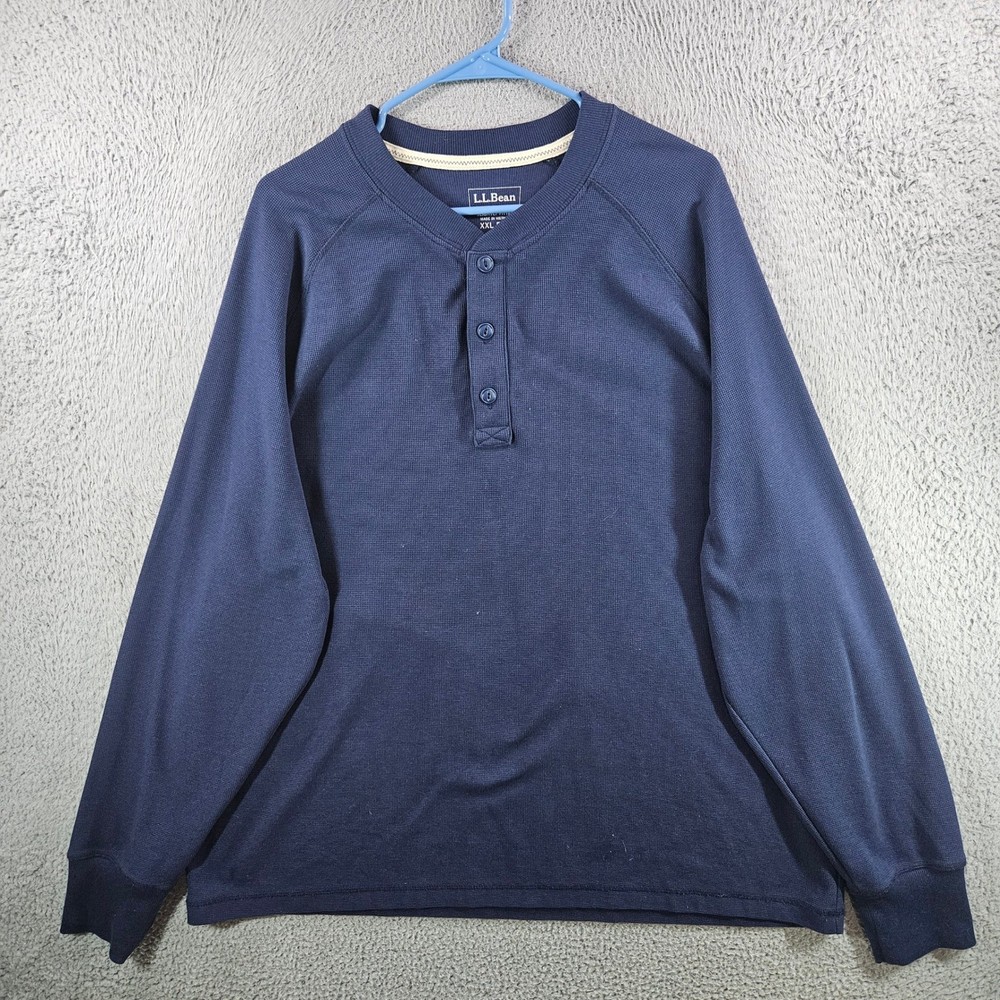 LL Bean Mens XXL Henley Shirt Navy Blue Cotton Waffle Knit Long Sleeve