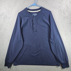 LL Bean Mens XXL Henley Shirt Navy Blue Cotton Waffle Knit Long Sleeve