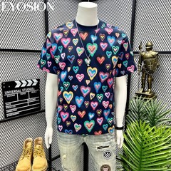 Men Heart Print Short Sleeve T-Shirt Casual Retro Round Neck Summer Cotton Tee