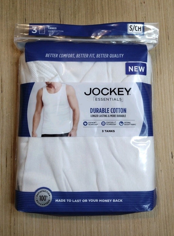 Mens Jockey Essentials Tank Tops, Size Small, 3 pack S/CH White