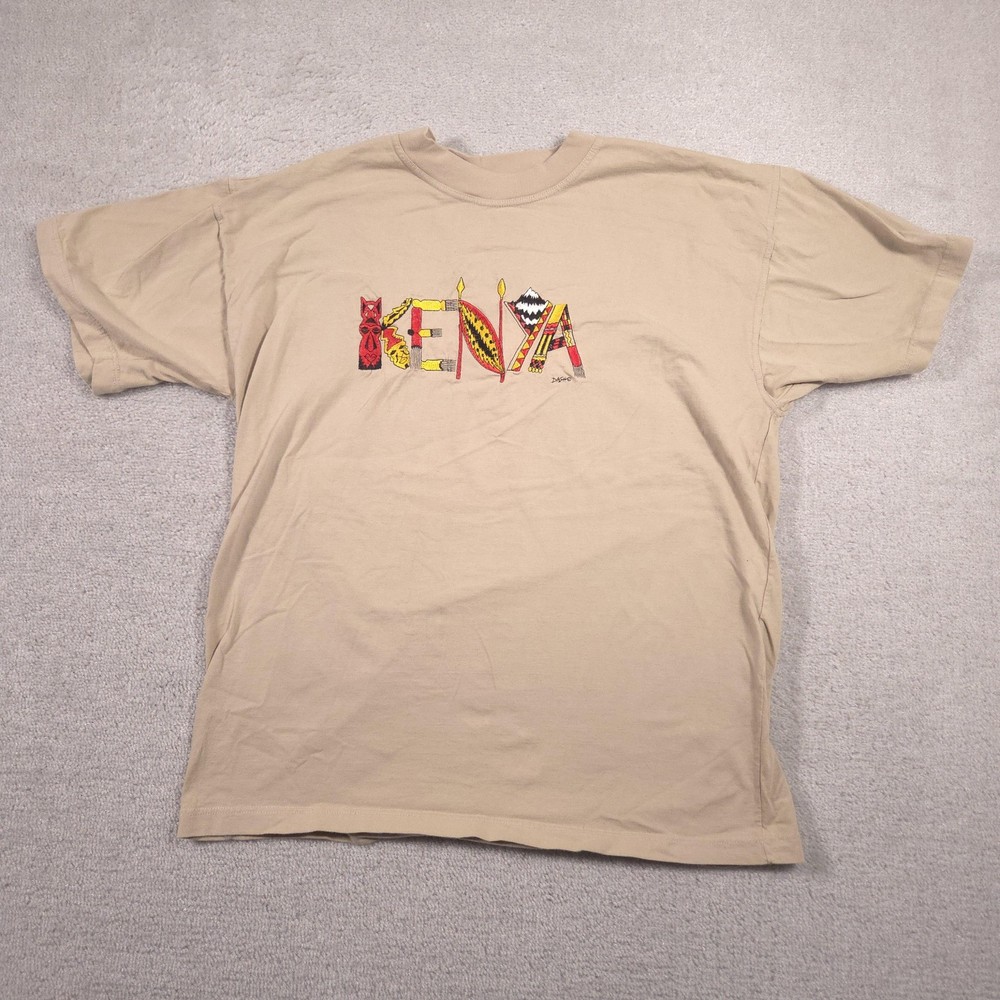 Dash Clothing Shirt Mens Large Beige Kenya Embroidered Graphic Tee Africa Travel
