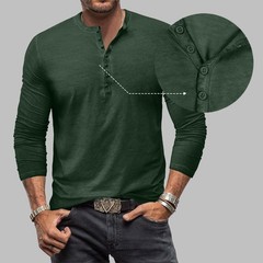 Mens Henley Grandad Casual Shirts Long Sleeve Muscle Slim Fit Button T Shirt Top