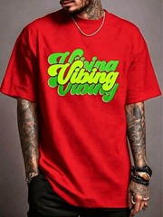 Neon Green Letter “Green Vibe” Crew Neck Short Sleeve Casual Party Men’s Top