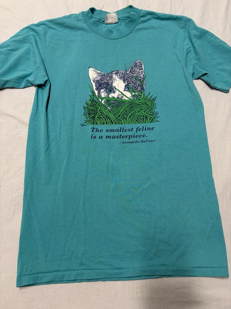Vintage 80s Hanes T Shirt Mens M Teal Kitten Da Vinci Art USA 50/50