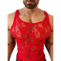 Men’s Stretchy Floral Lace Mesh Tank Top Sleeveless Fitted Vest for Vacation
