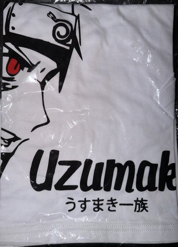 Naruto Uzumaki Clan Sasuke White Graphic T-Shirt Size L Anime Manga NEW