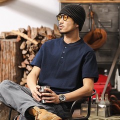 American retro T-shirt men new short-sleeved men summer Henry collar