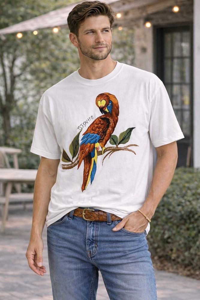 Hand Painted Parrot T Shirt Adult Large White Graphic Art Tee Unisex