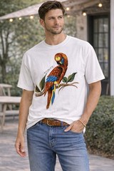 Hand Painted Parrot T Shirt Adult Large White Graphic Art Tee Unisex