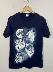 Men’s Huge Front Graphic Howling Wolves T-shirt Small Blue Screen Print Wolf