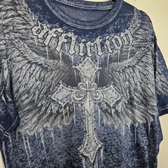 Affliction Shirt Mens Size L Blue Distressed Paper Thin Cross Wings Biker Y2K