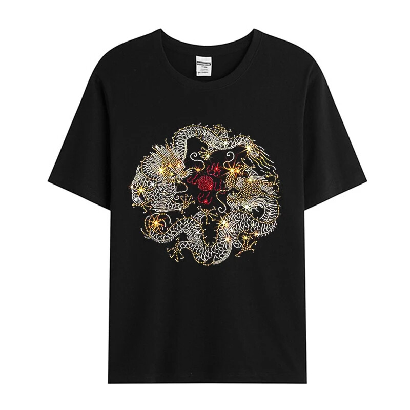 Fashion Dragon Rhinestones Summer Short Sleeve Luxury Men Trend Black T-Shirt