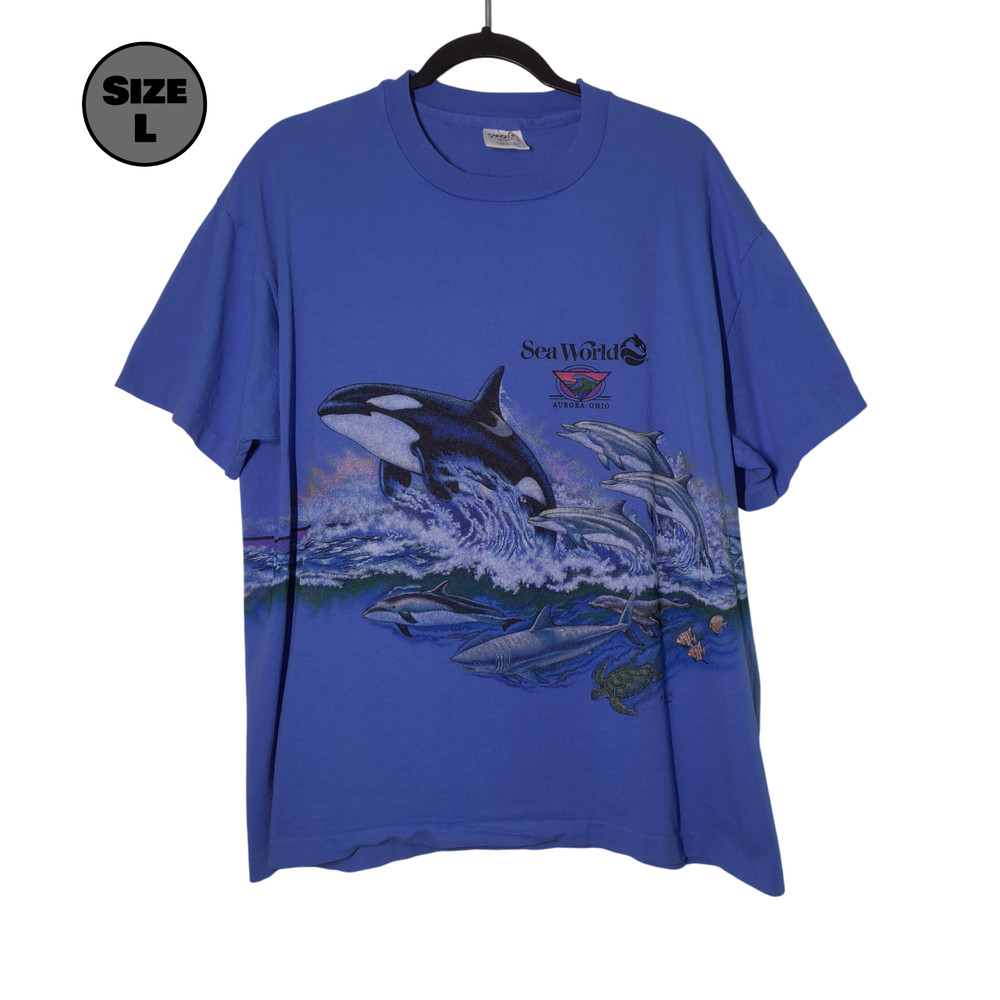 VINTAGE Sea World: Aurora, Ohio USED Shirt (L, Blue, Wrap Around, Single Stitch)
