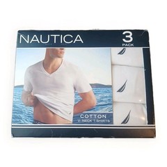 3-Pack NAUTICA Men’s White V-Neck Cotton T-Shirts w/Logo Small (34-36) NEW