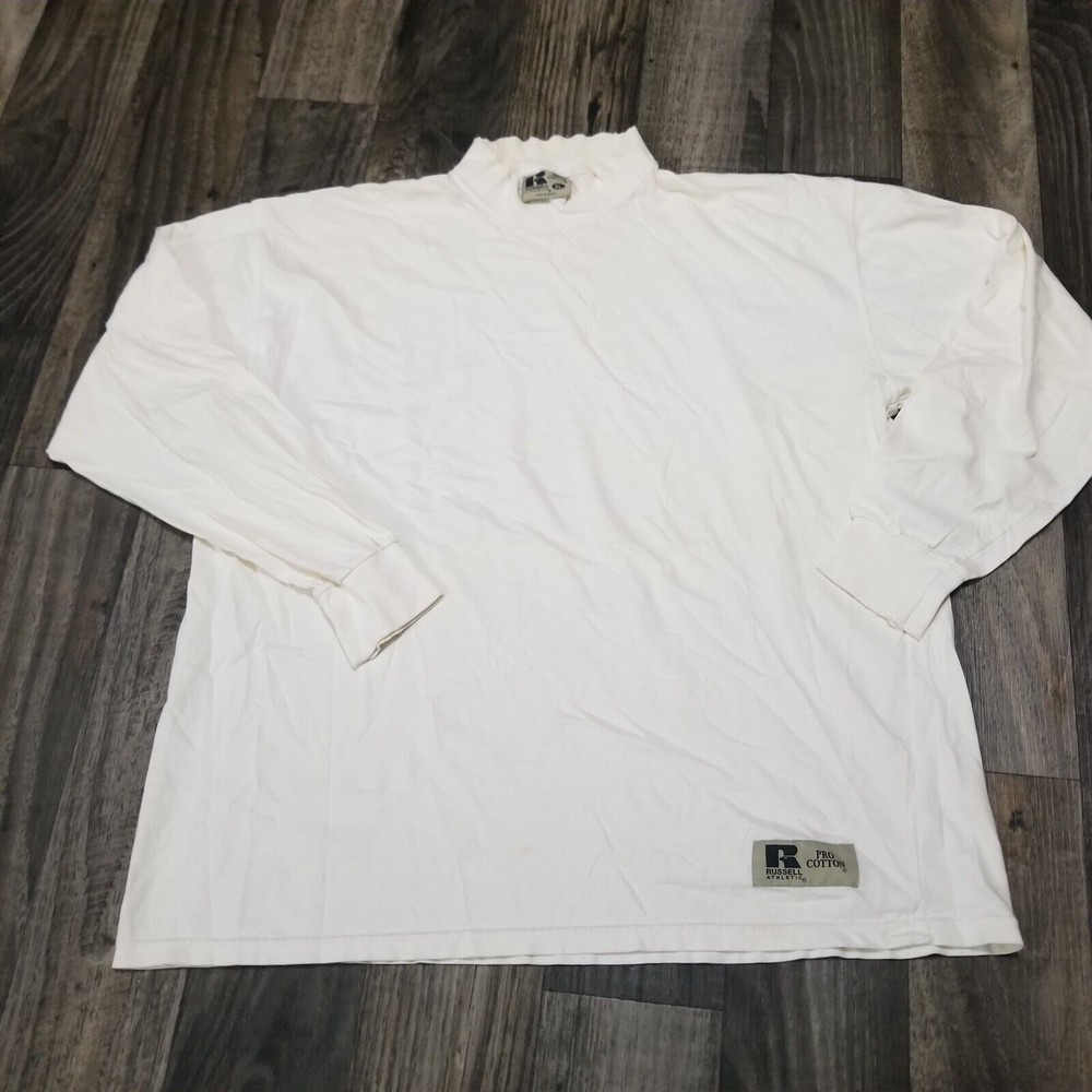 VTG Russell Athletic Longsleeve Mens High Neck Blank Pullover Made USA XL Cream