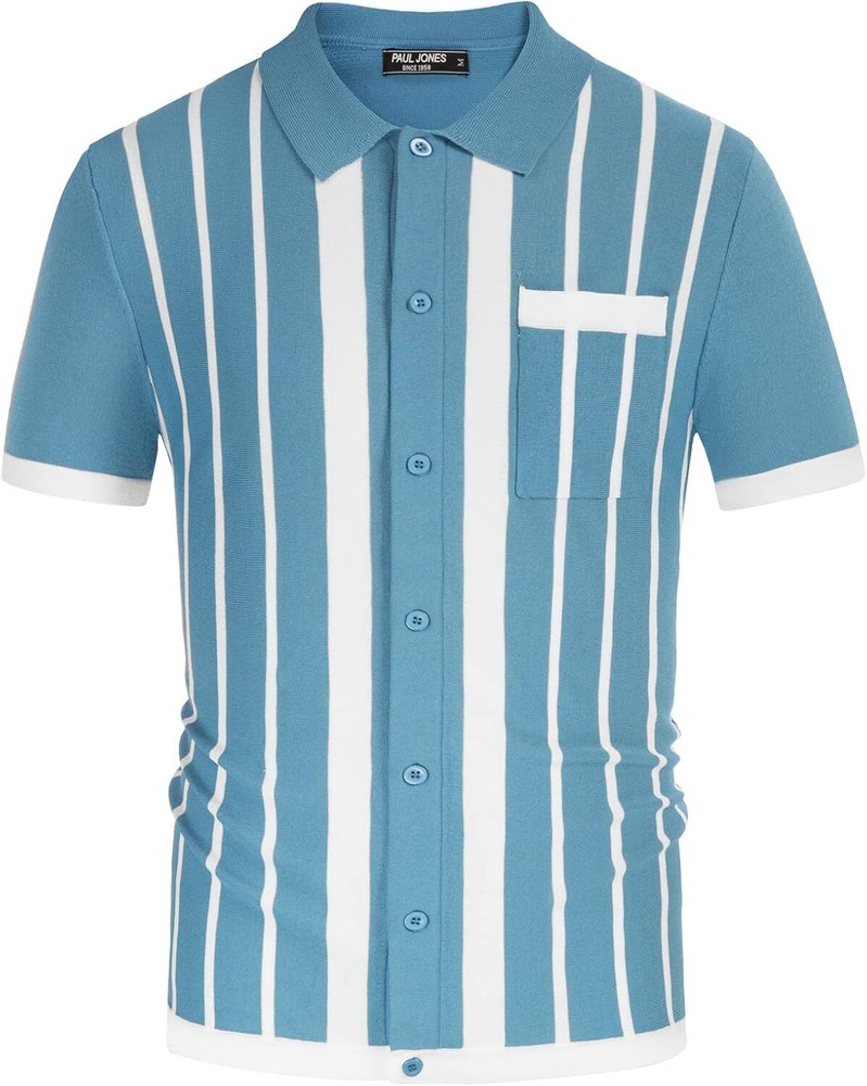 Mens Vintage Striped Knitted Polo Shirt Short Sleeve Button Down Golf Casual Top