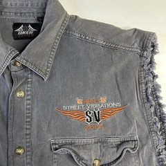 Vtg Y2k Reno Bike Rally 2004 Factory Cut/Sleveless Denim Button Shirt XL