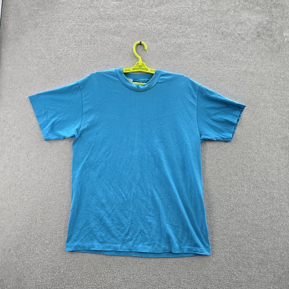 VINTAGE Hanes Men Shirt L Blue Heavyweight 50/50 Single Stitch 90s USA