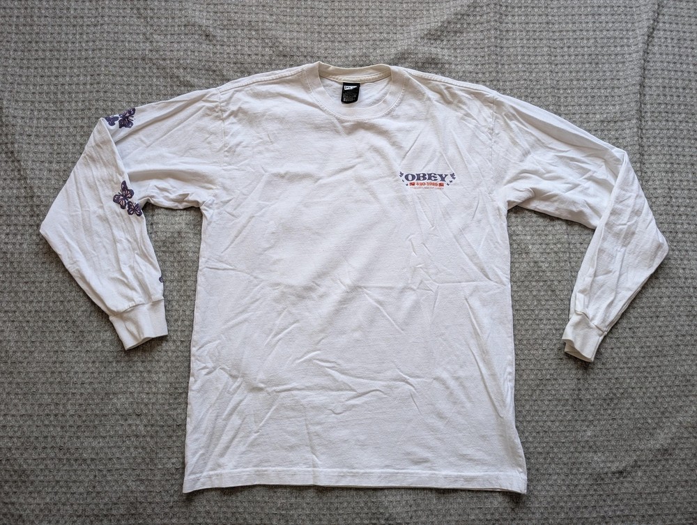 OBEY Long Sleeve Shirt Mens Medium White Butterfly 420 Graphic Tee Back Print