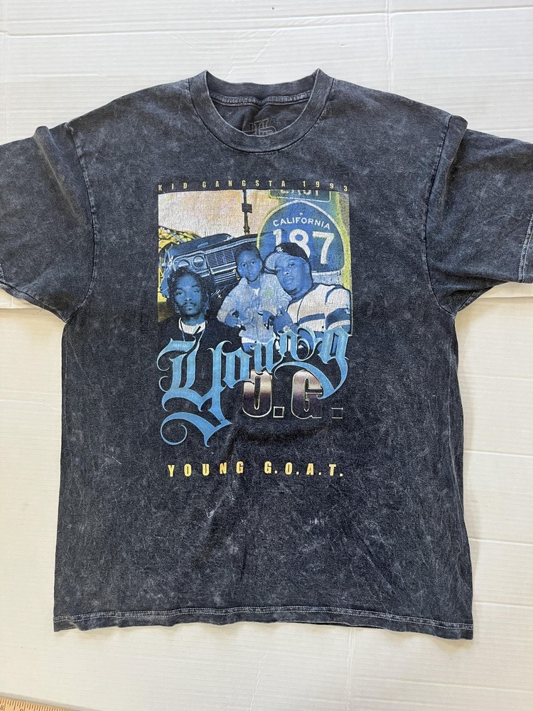 Young G.O.A.T Shirt Mens Size Large Black Blue Acid Wash Graphic Crewneck Tee
