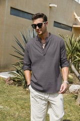 Men’s Cotton Hemp Long Sleeve Casual Beach Henley Shirt(GREY,L)