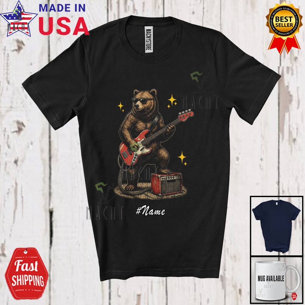 Custom Name Bear Sunglasses Playing Guitar; Father’s Day Guitarist T-Shirt