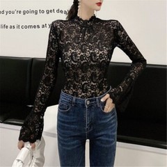 Women Long Sleeves Blouse Turtleneck T-shirt Stretch Lace Bottoming Tops