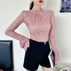 Women Long Sleeves Blouse Turtleneck T-shirt Stretch Lace Bottoming Tops