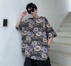 Mens Youth Casual Fashion Floral Short Sleeves Loose Irregular T-Shirt Tee Top