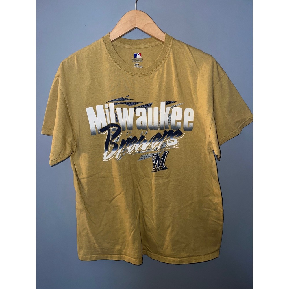 MLB Milwaukee Brewers Graphic T-Shirt Gold Mustard Yellow Mens Large L Short Slv