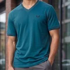 Mens T-Shirt Size Large Dark Teal V-Neck Soft Casual Cotton Stretch Short Sleeve