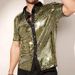 Men’s Silver Metallic Sequins Glitter Shirt Summer Breathable Sparkling Short Sl