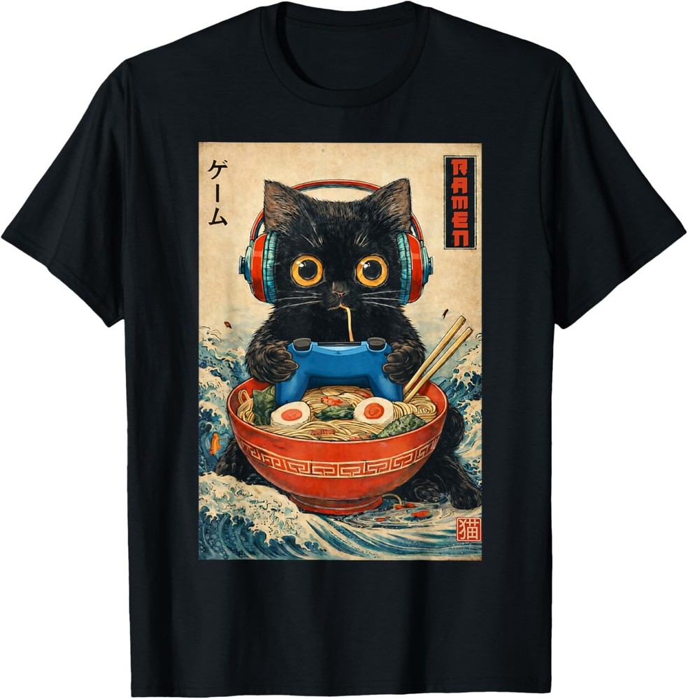 Cat Ramen Japanese Funny Graphic Tees Kawaii Cat Anime Gift Unisex T-Shirt