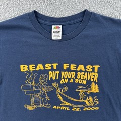 Vtg Fruit Of the Loom Mens Large Blue T Shirt 2006 Beast Feast Beaver On A Bun