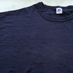 Vintage Russell Athletic Blank Navy Blue Ribbed Collar T Shirt Size Men’s XL