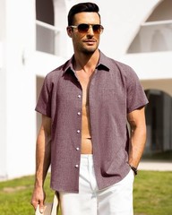 Men’s Linen Shirt Short Sleeve Button Down Wrinkle Free Casual Summer Beach Top